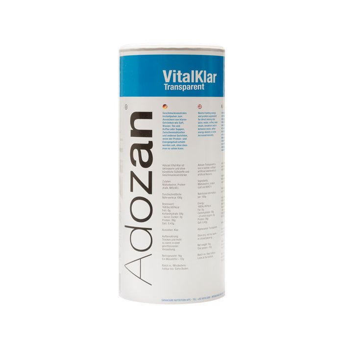 Zylindrische Dose mit blauem Deckel und Aufschrift "VitalKlar". Vertikale Schrift "Adozan".