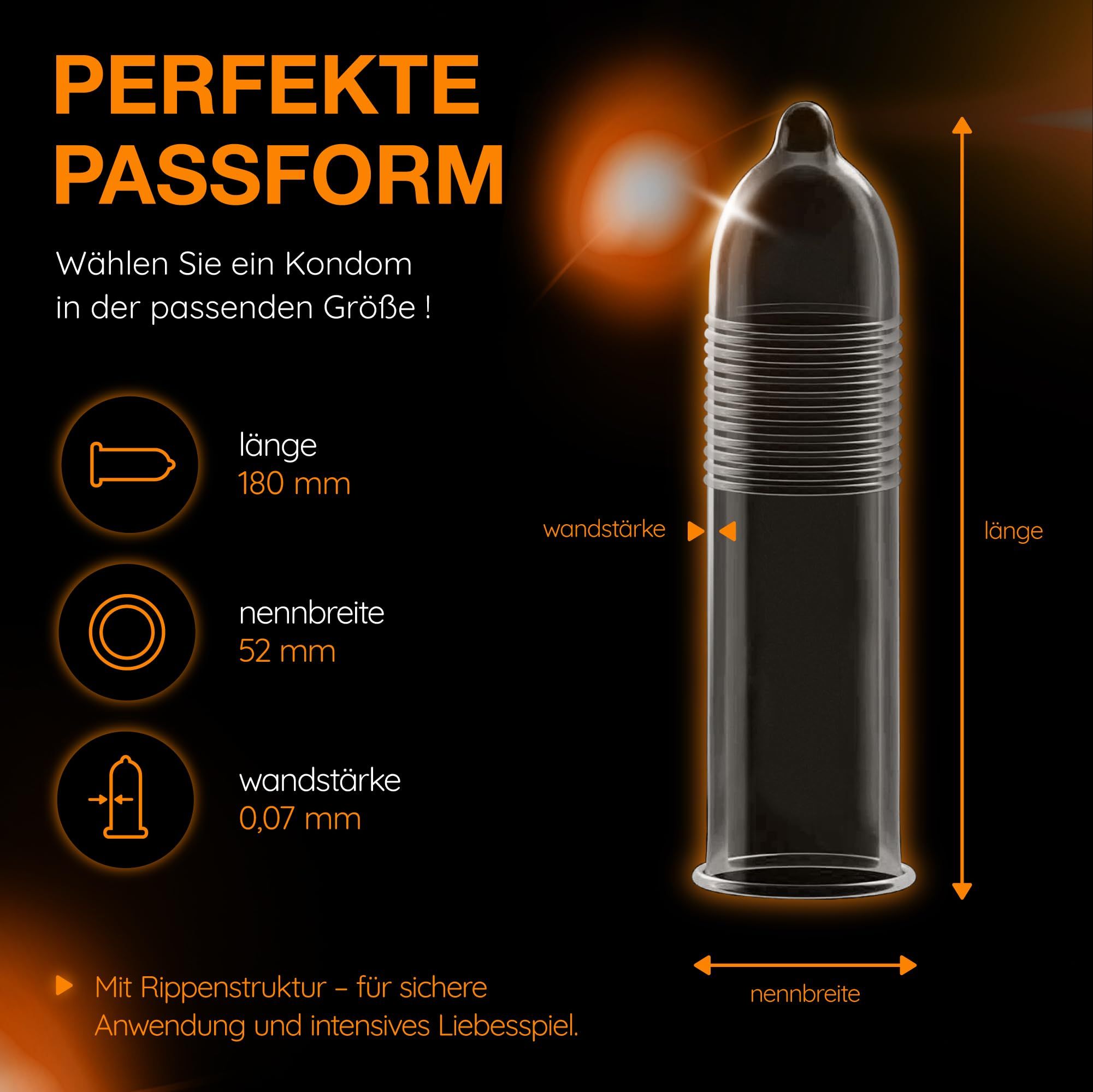 Vitalis Kondom: Länge 180 mm, Nennbreite 52 mm, Wandstärke 0,07 mm, mit Rippenstruktur.