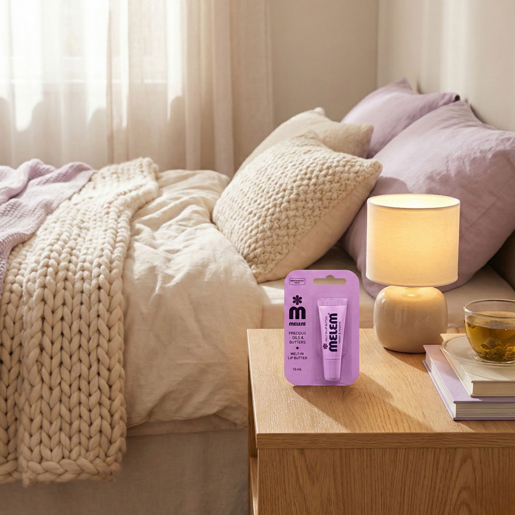 Produktverpackung auf Nachttisch. Aufschrift "Melem", "Precious Oils & Butters", "Melt-In Lip Butter".