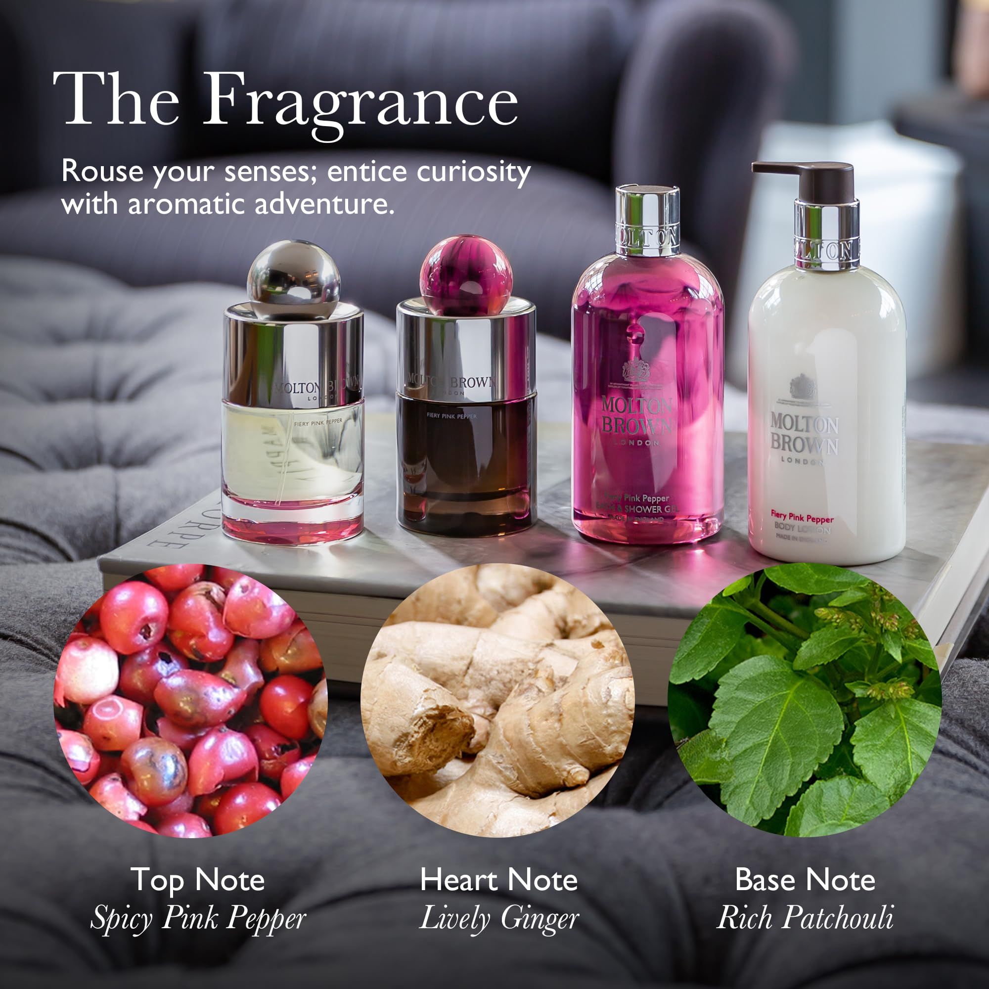 Verschiedene Molton Brown Produkte. Flaschen mit rosa Flüssigkeit, Ingwer, rosa Pfeffer und Blätter. Text: Top Note, Heart Note, Base Note.