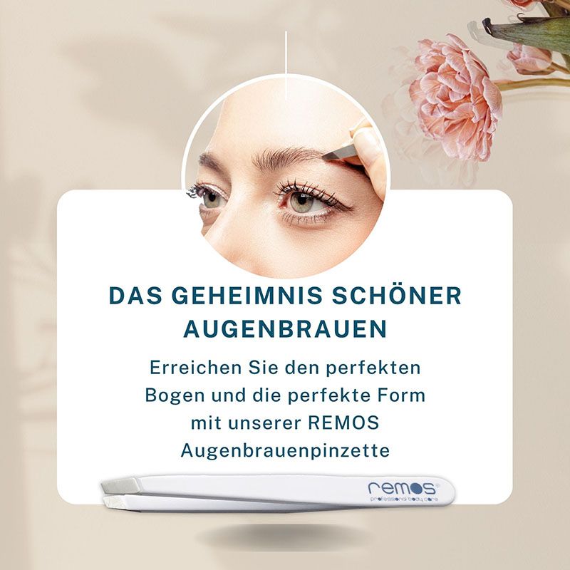 Weiße Pinzette liegt vor einem Hintergrund mit einer Frau, die ihre Augenbrauen zupft. Text: REMOS Augenbrauenpinzette.