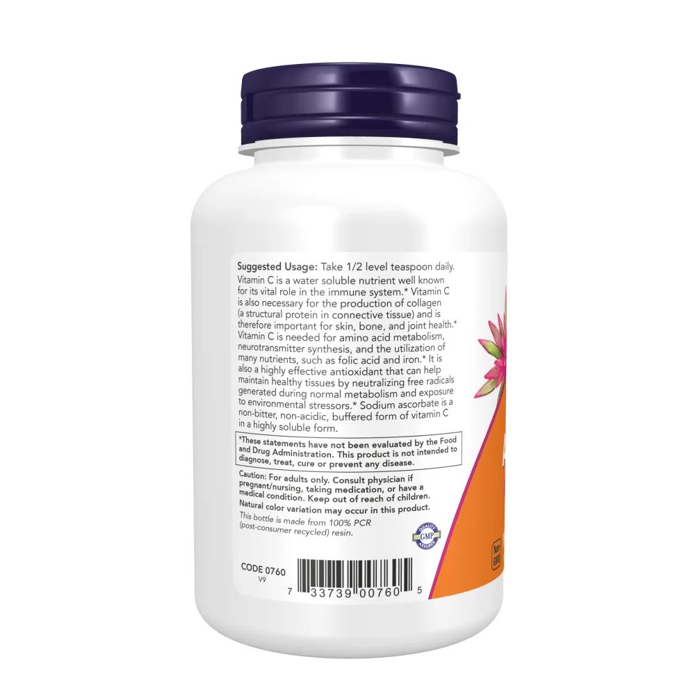 Weiße Flasche mit lila Deckel, Etikett mit Vitamin C Informationen und Barcode.