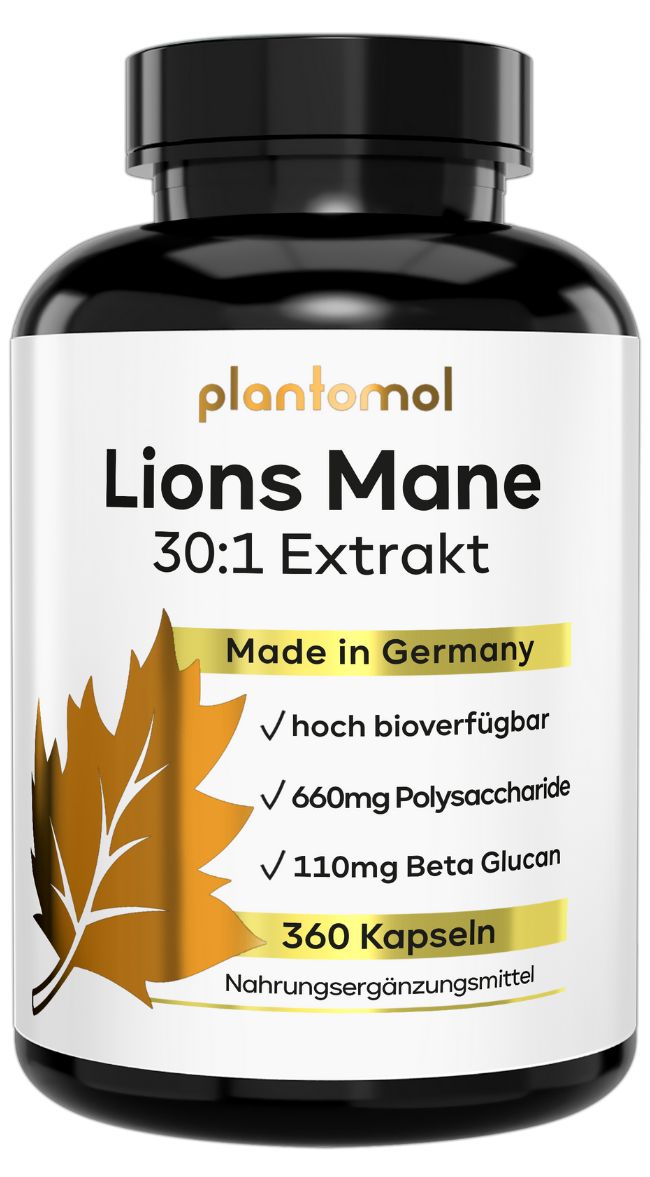 Braune Kapsel-Dose mit schwarzem Deckel. Aufschrift: plantomol Lions Mane 30:1 Extrakt. Made in Germany. 360 Kapseln. Nahrungsergänzungsmittel.
