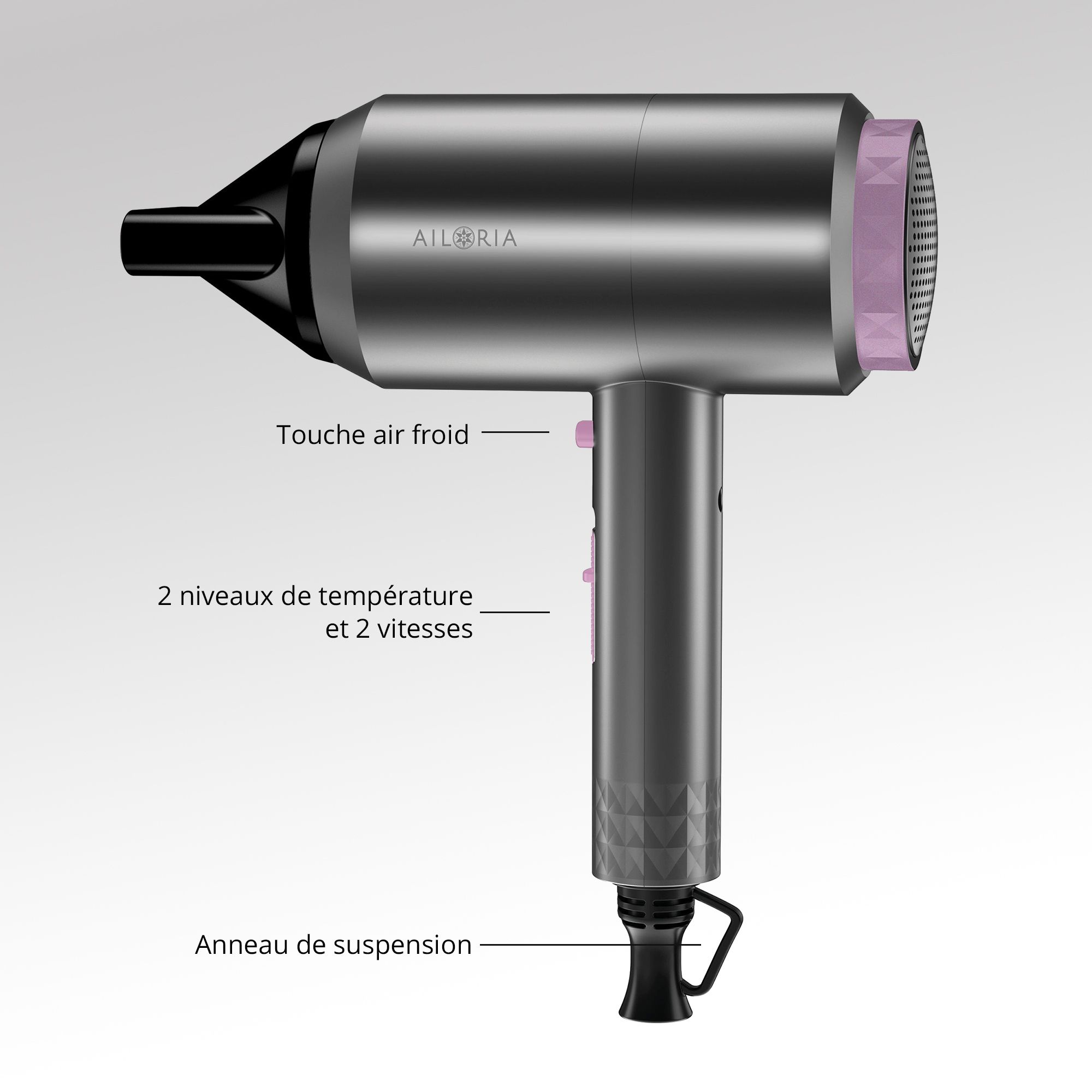 Haartrockner, grau-schwarz mit rosa Akzenten. AILORIA-Logo. Beschriftung: Kaltluft-Funktion, 2 Temperatur- und 2 Geschwindigkeitsstufen. Aufhängeöse.