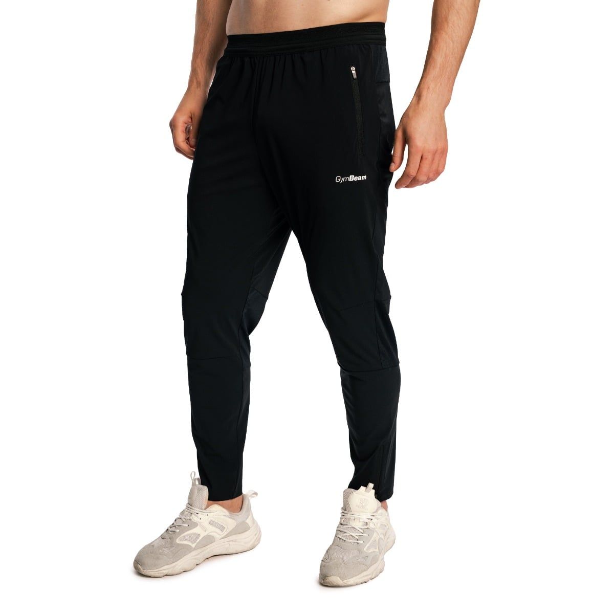 Seitliche Ansicht einer schwarzen Herren-Jogginghose mit Gummizug.