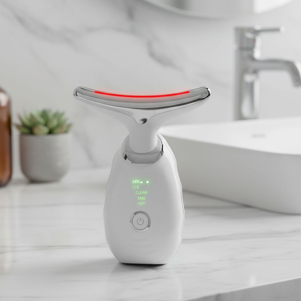 Weißes Gerät mit LED-Anzeige und gebogenem Kopf. Auf einer Oberfläche platziert, neben einem Waschbecken und einer Pflanze.