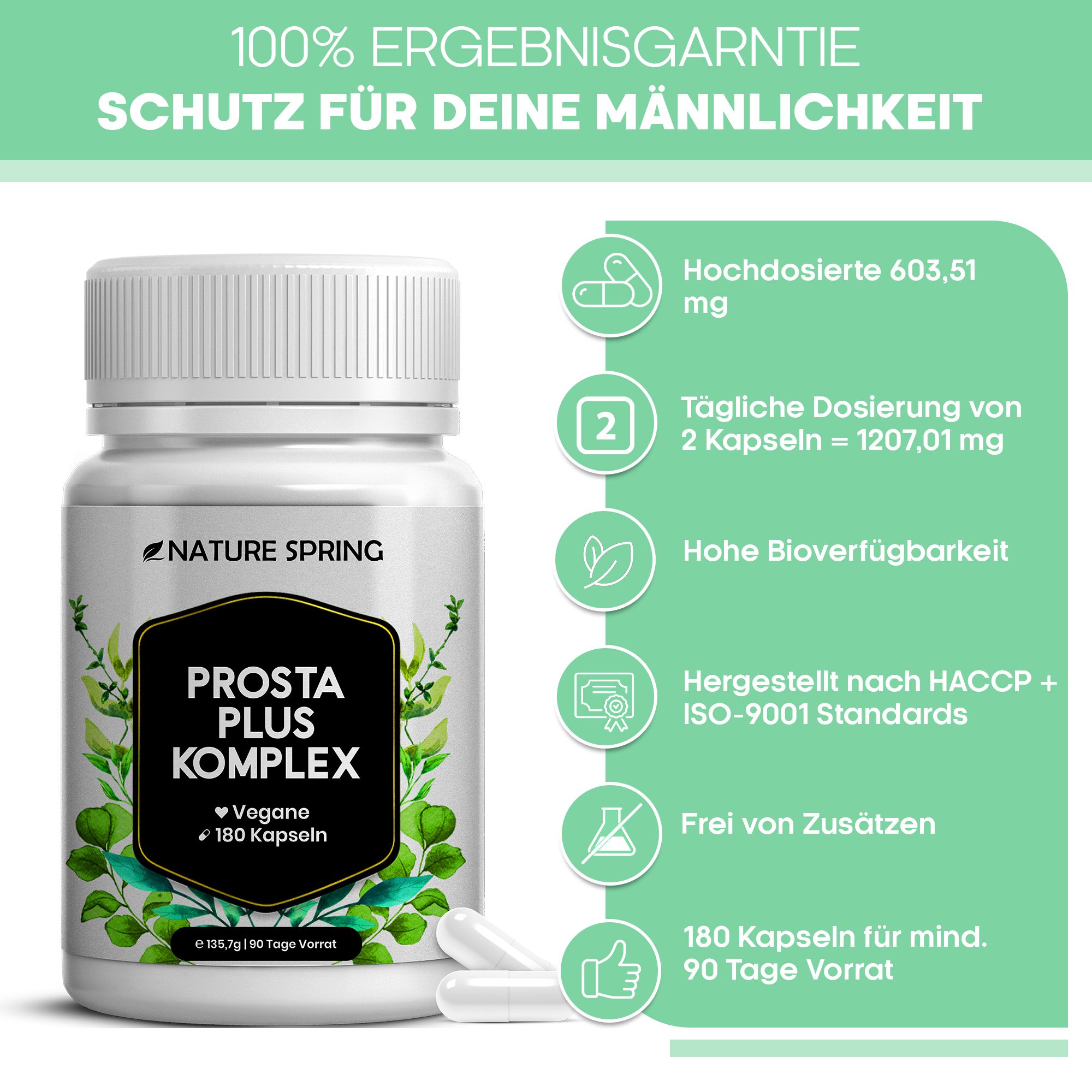 Nature Spring Prosta Plus Komplex: Behälter mit Details zu Dosierung, Bioverfügbarkeit und Inhaltsstoffen.