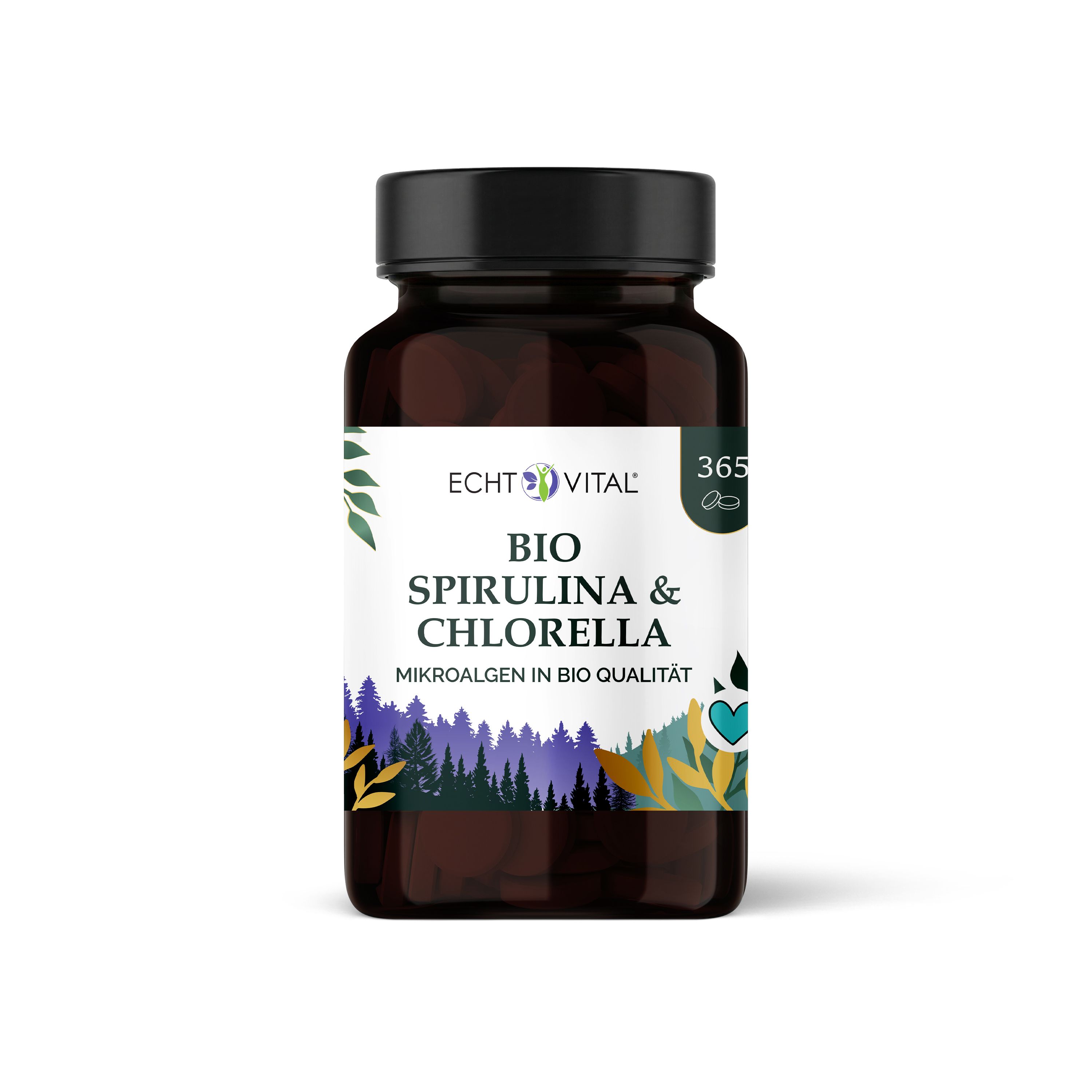 Braune Flasche mit schwarzem Deckel. Aufschrift: Echt Vital Bio Spirulina & Chlorella. Weißes Etikett mit Produktinformationen und Logo.