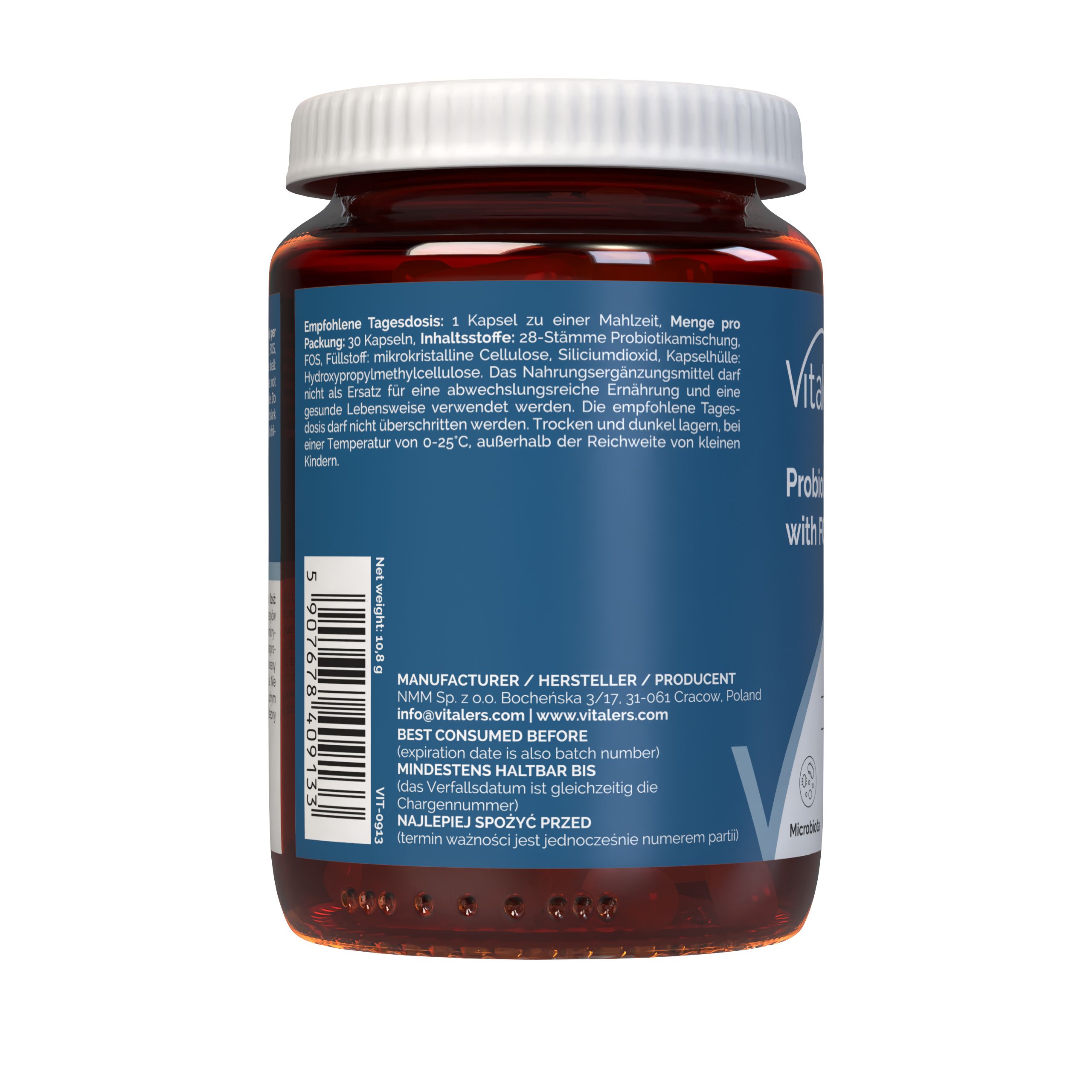 Vitaler’s Probiotikum 28 Stämme mit FOS: Rückseite der Flasche mit Herstellerangaben und Mindesthaltbarkeitsdatum.