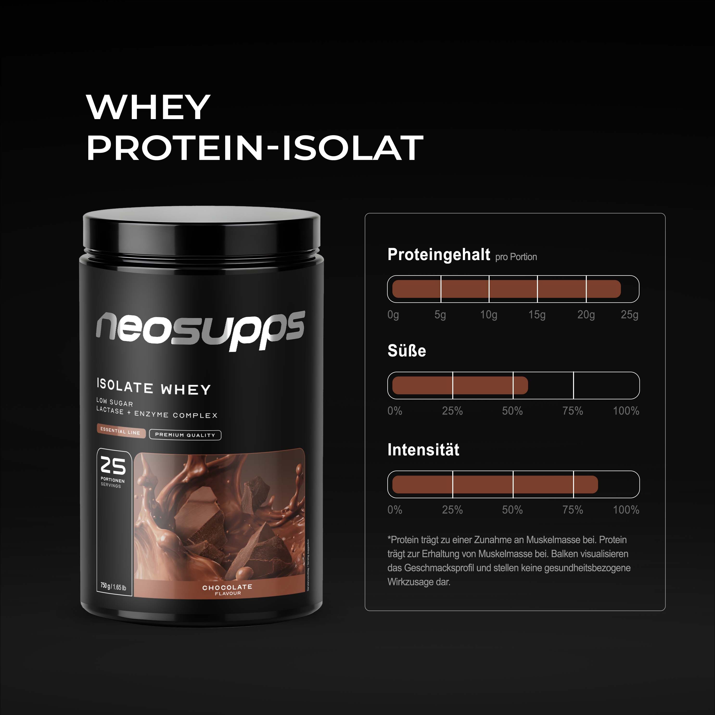 Neosupps Isolate Whey Protein Pulver Chocolate, 750g, Protein pro Portion