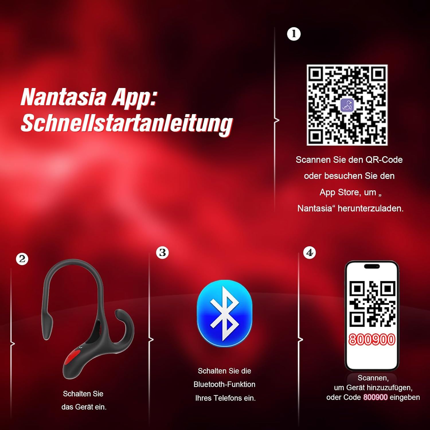 Anleitung zur App-Installation. QR-Codes und Bluetooth-Symbol. Text: Schnellstartanleitung. Gerät einschalten.