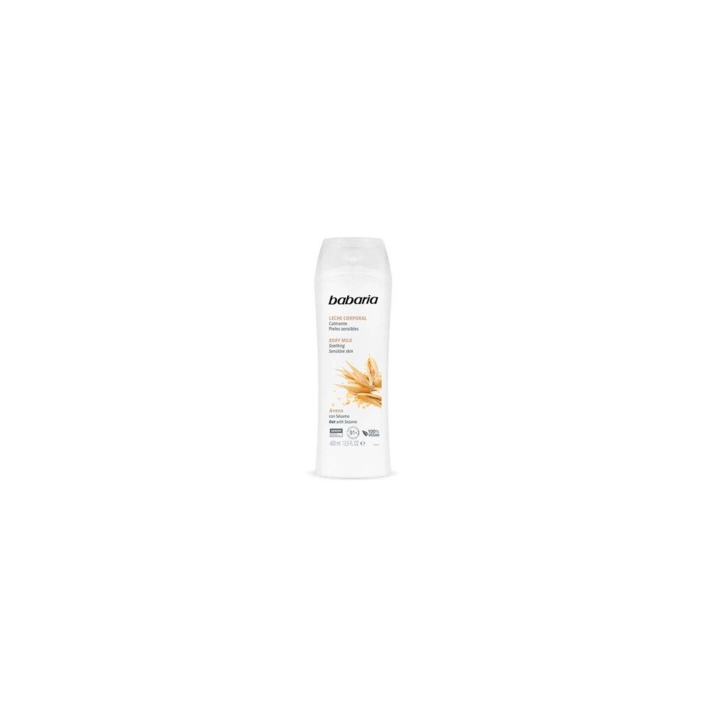 Weiße Flasche Babaria Körperlotion. Beruhigend für empfindliche Haut. Hafer und Sesam. Vegan, 91% natürlich.