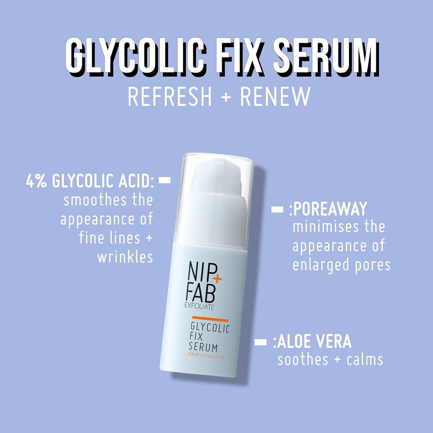 Produkt auf blauem Hintergrund. Text: GLYCOLIC FIX SERUM, NIP + FAB, 4% Glykolsäure, Poreaway, Aloe Vera.