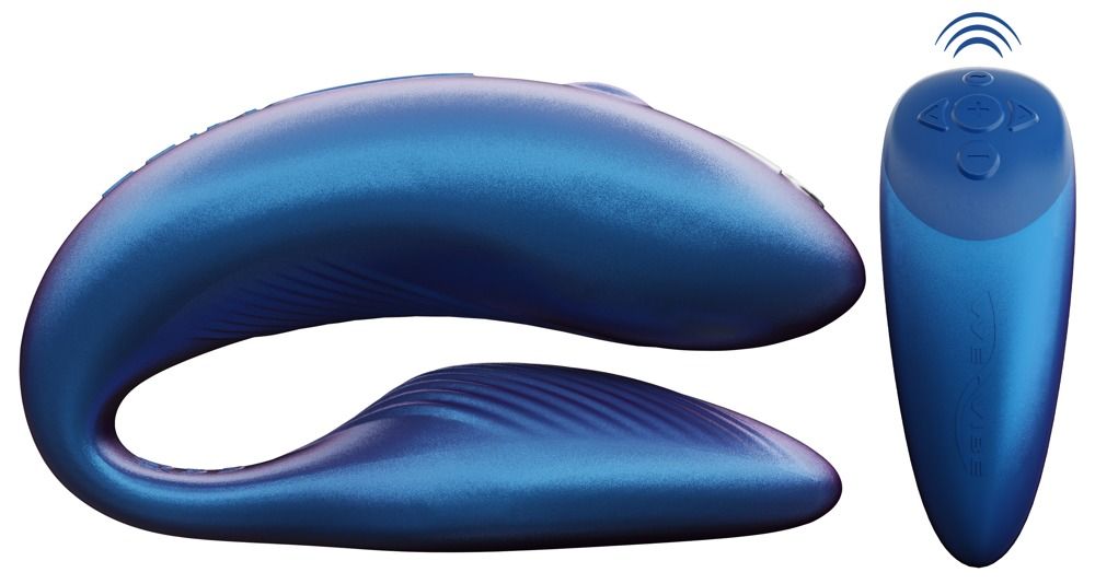 Blaues Wellness-Produkt mit geschwungener Form und separater Fernbedienung. Funkwellen-Symbol über der Fernbedienung.