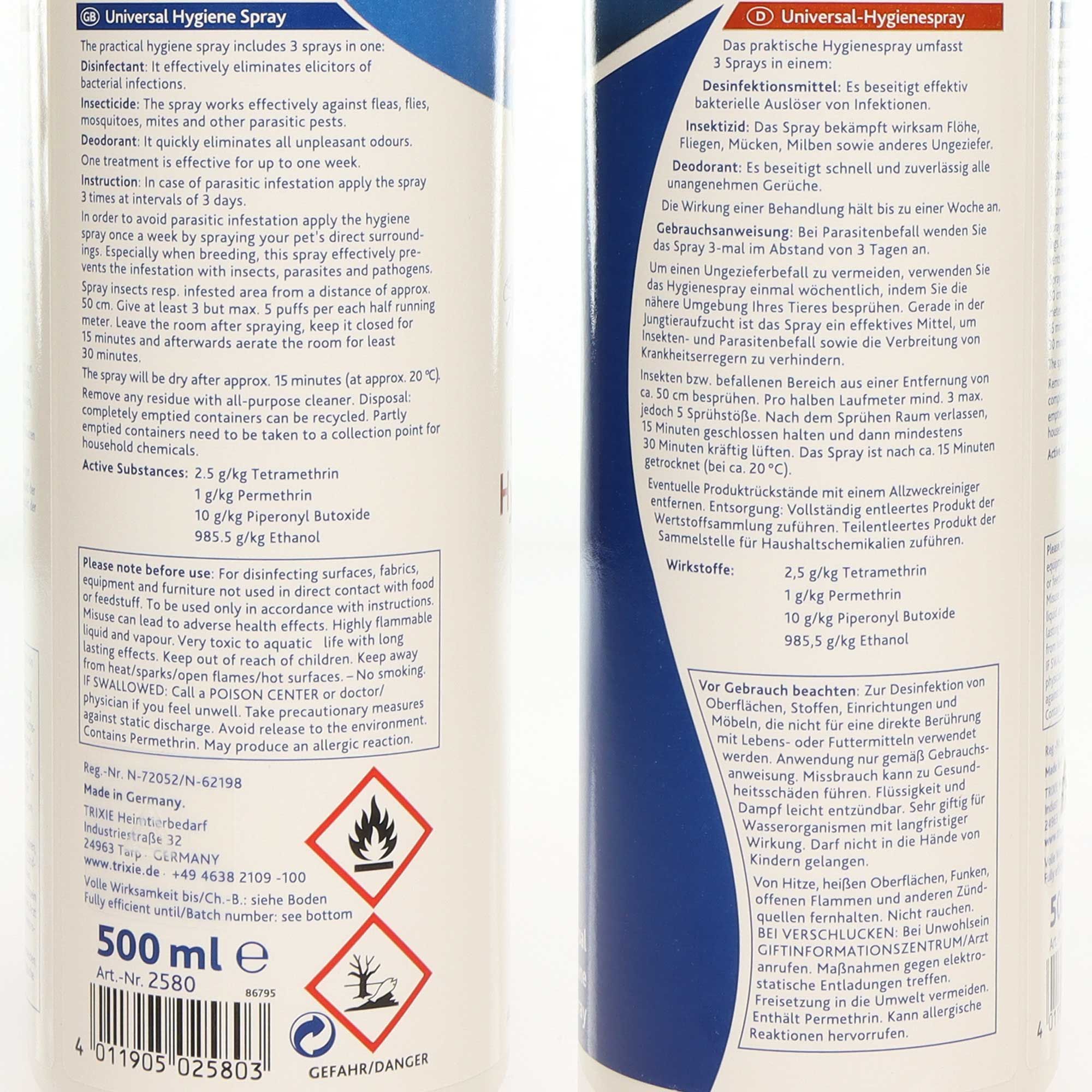 Nahaufnahme der Produktbeschreibung auf der Flaschenrückseite. Text in deutscher Sprache, Warnhinweise und Piktogramme.