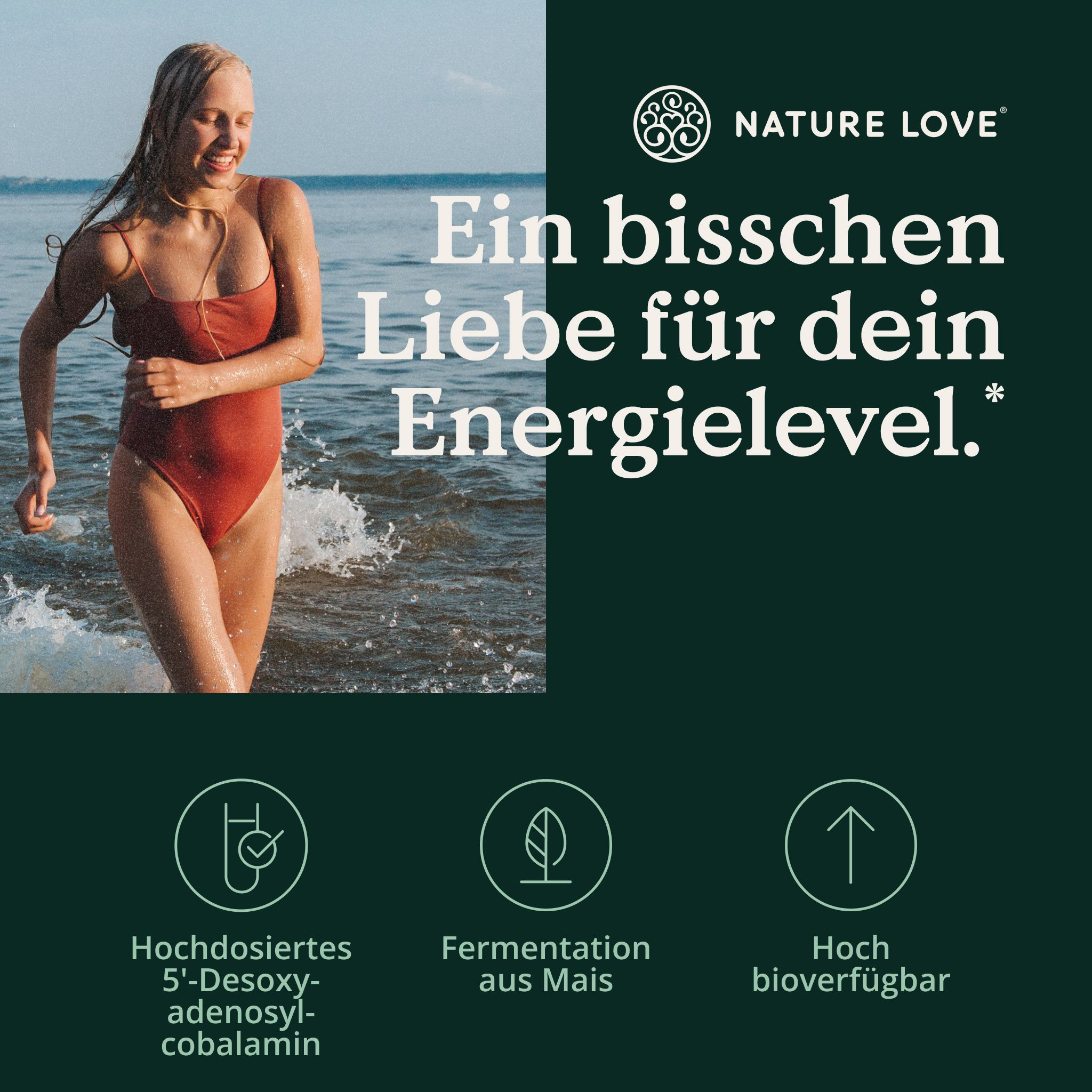 Frau im roten Badeanzug am Strand, daneben Text über Energielevel.