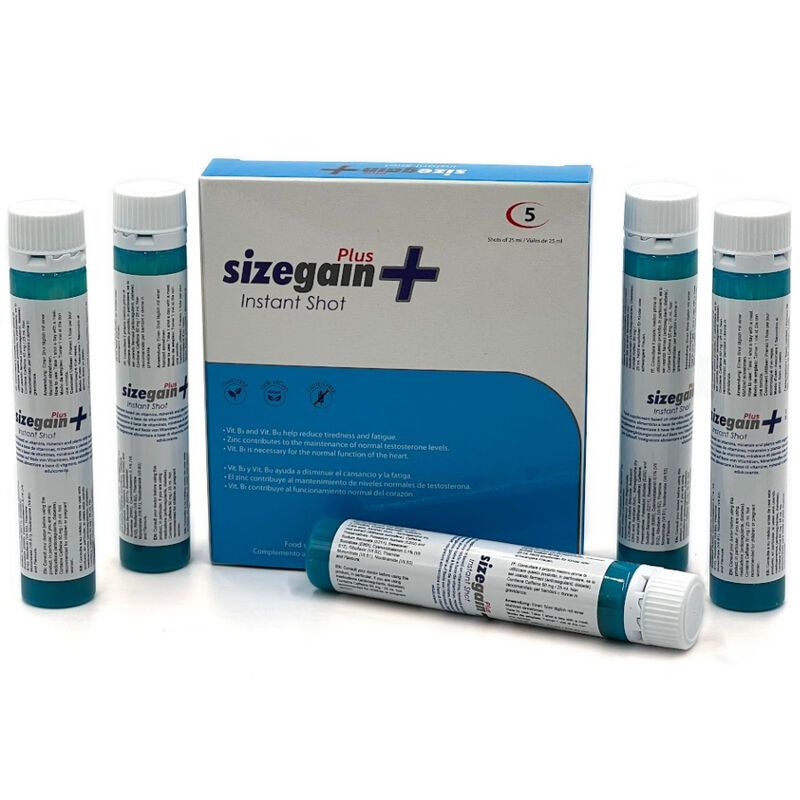 Packung und 5 Ampullen. Aufschrift: Sizegain Plus Instant Shot. Blaue und weiße Verpackung. Produktinformationen aufgedruckt.