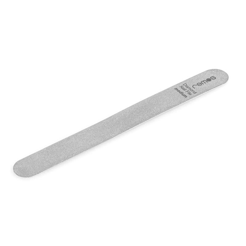 Graue, längliche Feile mit abgerundeten Enden. Aufschrift: remos Diamond Nail File medium.