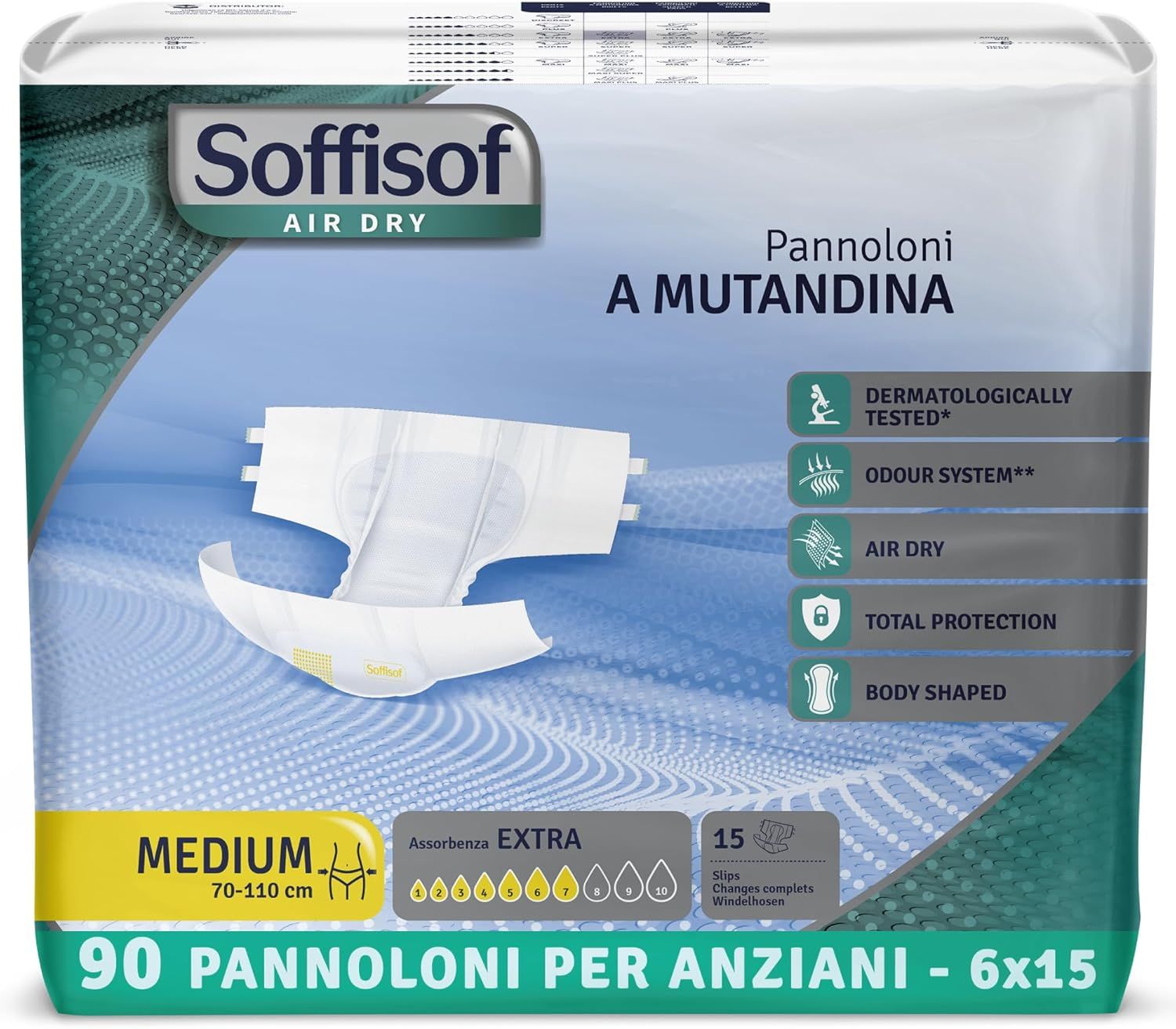 Verpackung mit Windeln. Aufschrift: Soffisof Air Dry. Größe Medium, 70-110 cm. 90 Stück.