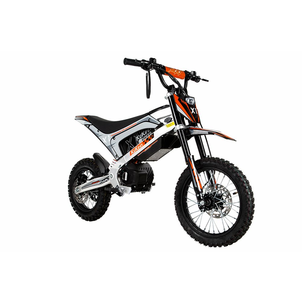 Elektrisches Offroad-Motorrad, Seitenansicht. Schwarz, orange und silber. Marke: KUKIRIN. X1-Logo sichtbar.