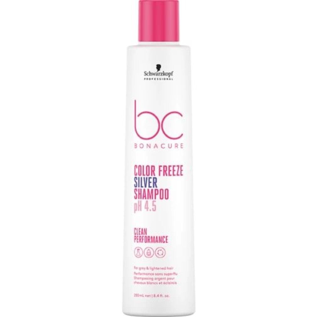 Weißes Shampoo mit pinkfarbenem Deckel. Aufschrift: Schwarzkopf, BC Bonacure Color Freeze Silver Shampoo pH 4.5.