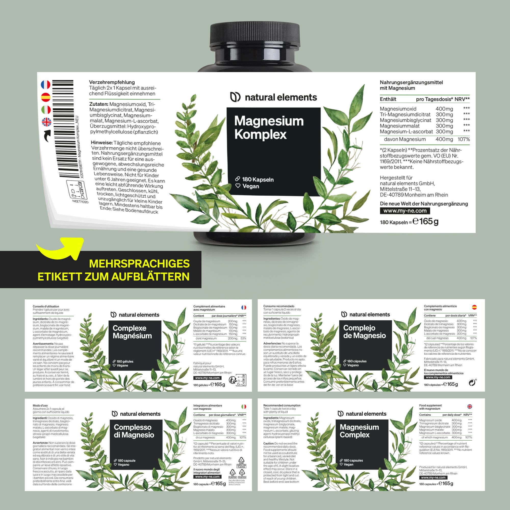 Mehrsprachiges Etikett zum Aufblättern. Enthält Informationen in verschiedenen Sprachen. Flasche mit Magnesium Komplex.