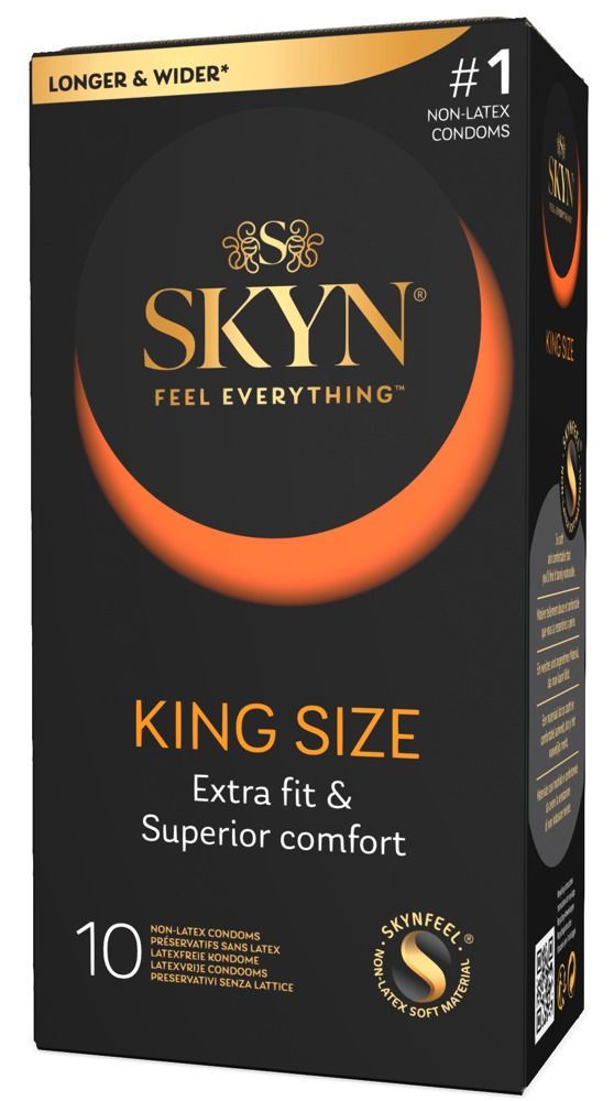 Kondom-Schachtel. Aufschrift: SKYN, King Size, 10 Stück. Marke: MANIX. Mit dem Hinweis: #1 Non-Latex.