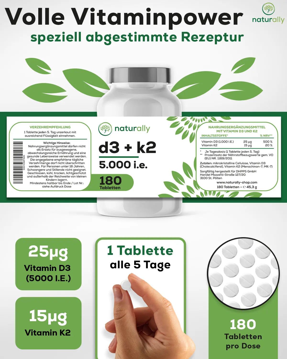 Flasche 'naturally d3 + k2 5.000 i.E. 180 Tabletten'. Details zu Dosierung und Inhaltsstoffen.