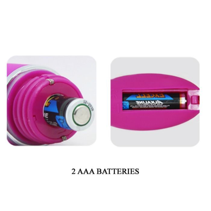 Nahaufnahme: Batterieinstallation in pinkem Vibrator und Fernbedienung. Benötigt 2 AAA Batterien.