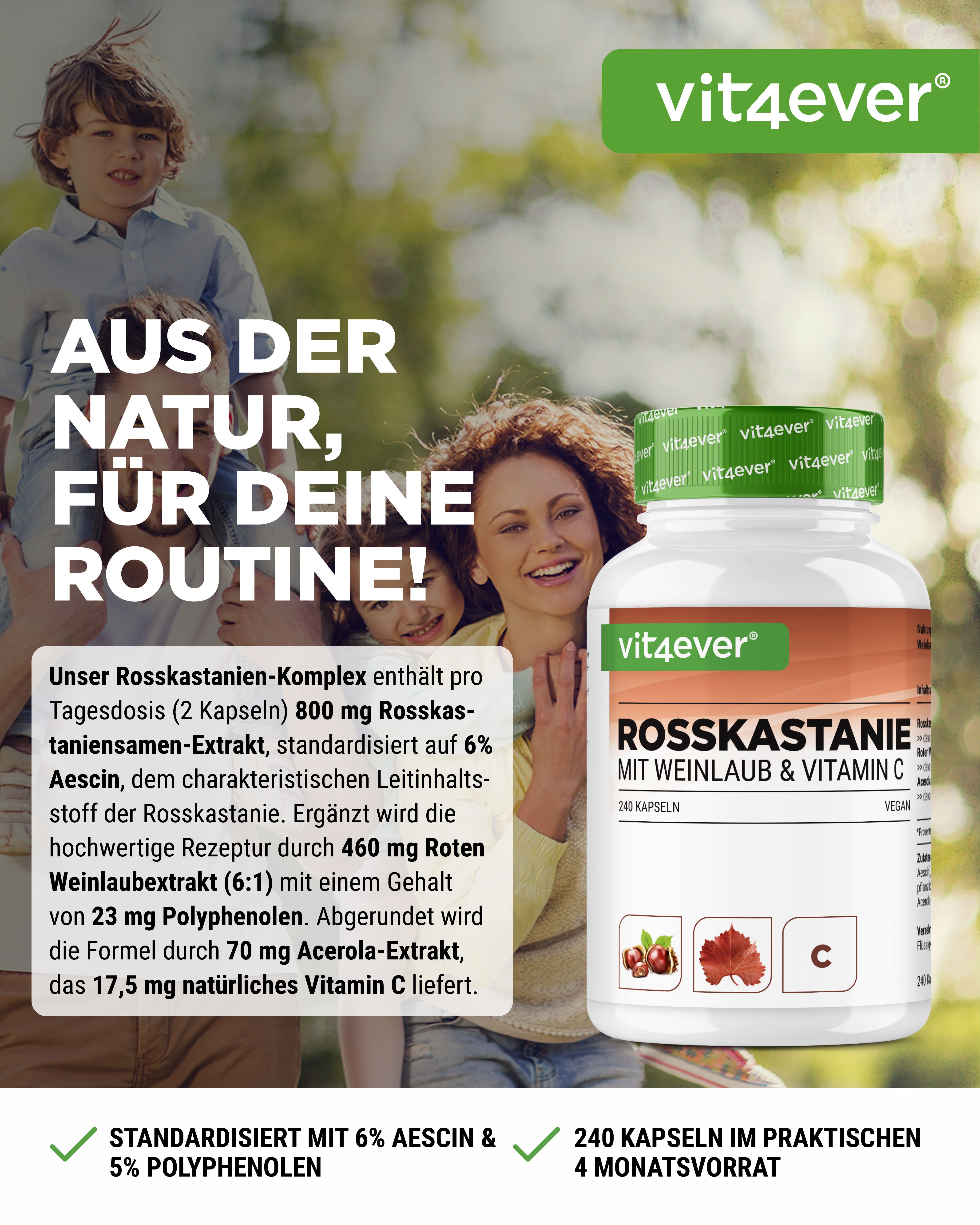 Weißes Pillenbehälter mit grünem Deckel. Aufschrift: Rosskastanie mit Weinlaub & Vitamin C. Enthält 240 Kapseln. Familienfoto im Hintergrund.