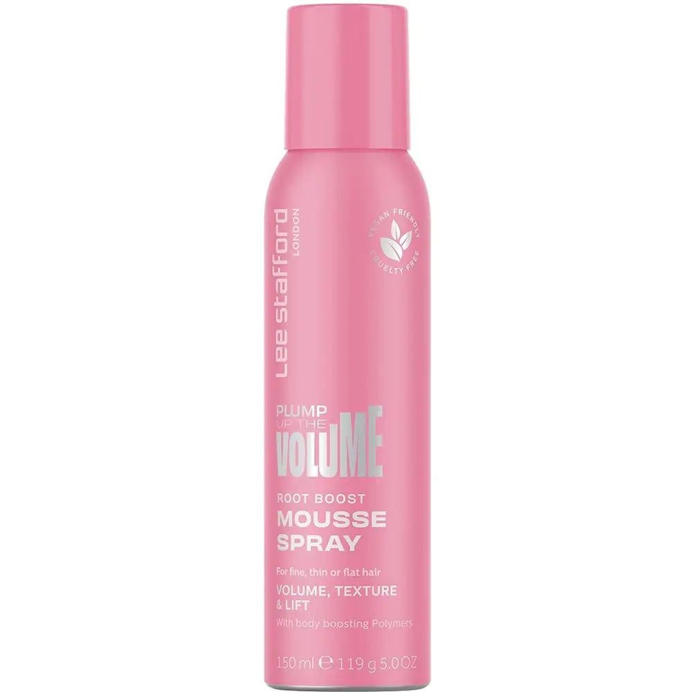Rosa Sprühflasche mit Produktnamen und Logo. Aufschrift: Root Boost Mousse Spray. Hintergrund weiß.