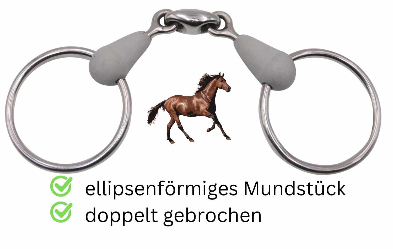Doppelt gebrochene Trense mit Kunststoffmundstück und Edelstahlringen. Ellipsenförmiges Mundstück. Abbildung eines Pferdes.