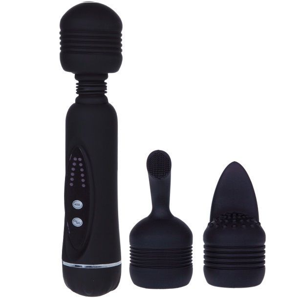 Schwarz Vibrator mit zwei Aufsätzen. Zylindrischer Körper, abgerundeter Kopf. Bedienfeld mit Knöpfen und LEDs.