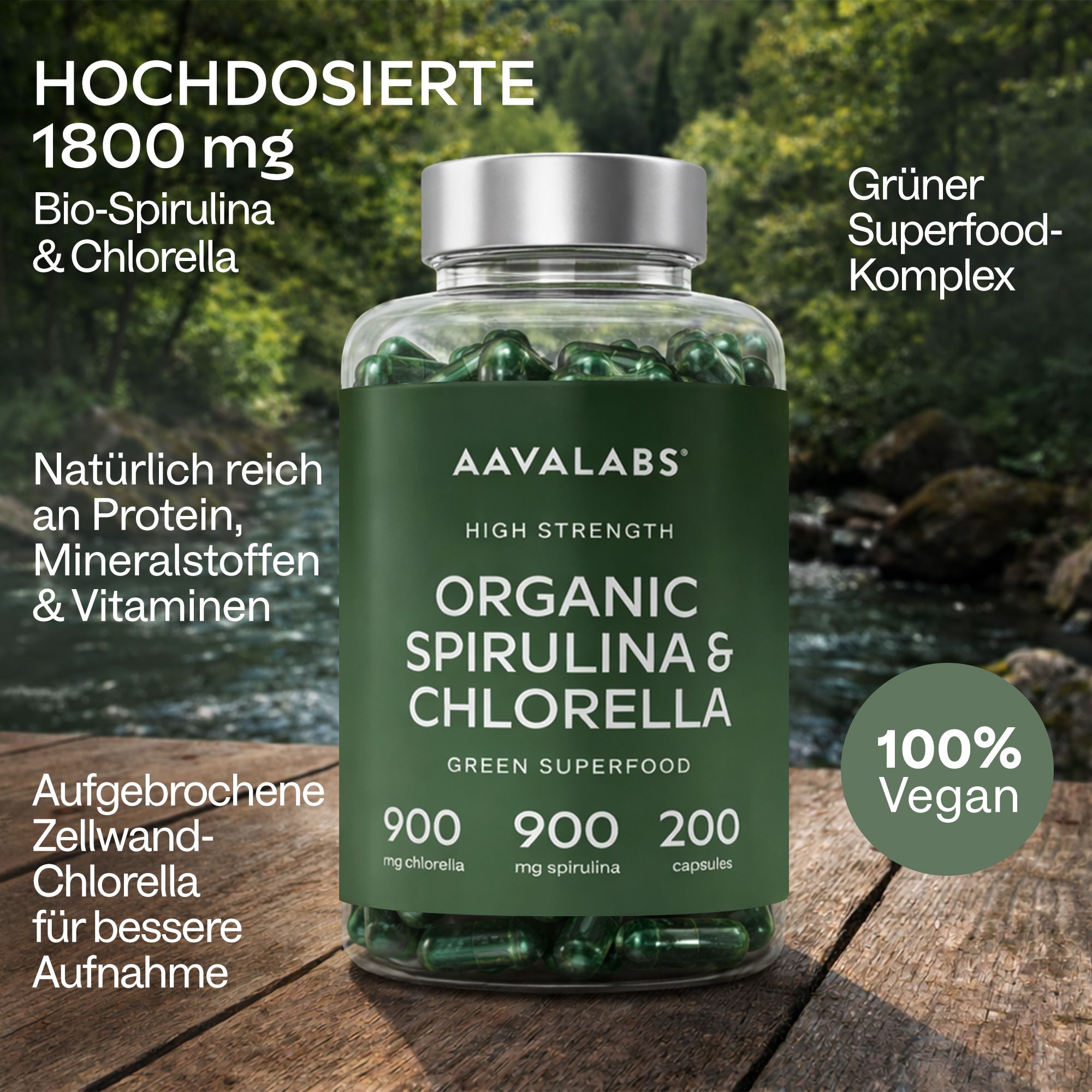 Produkt mit Flasche. Text: AAVALABS, Organic Spirulina & Chlorella. 1800mg. 100% Vegan. Grüne Kapseln.