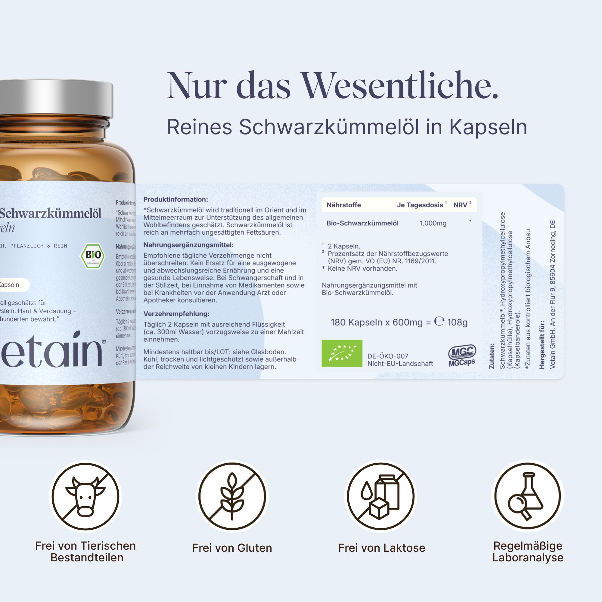 VETAIN Bio Schwarzkümmelöl Kapseln Flasche und Etikett mit Nährwertangaben und BIO-Siegel.