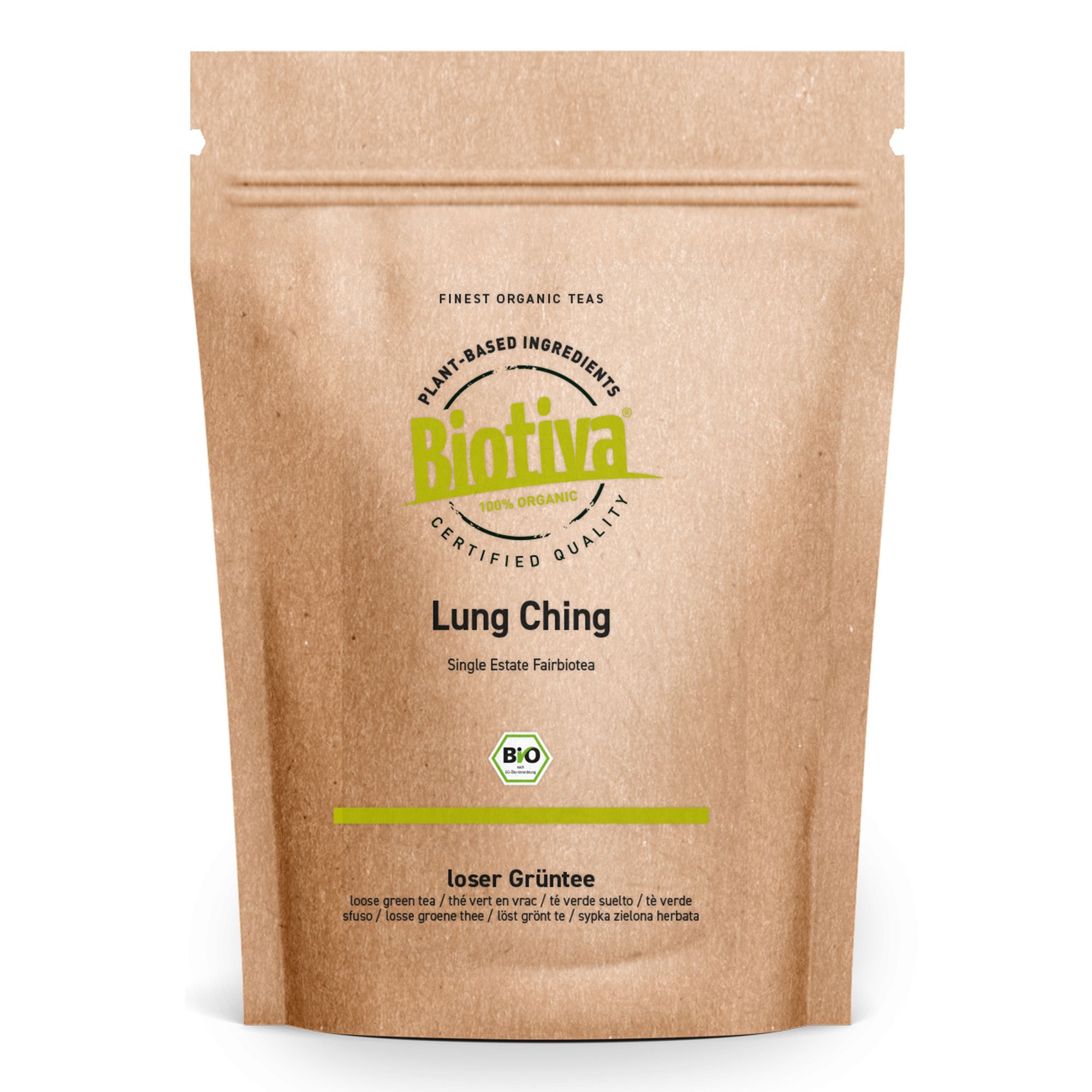 Beutel mit Grüntee Lung Ching. Aufdrucke: Biotiva, Lung Ching, Bio-Siegel. Braune Papierverpackung mit Zip-Verschluss.