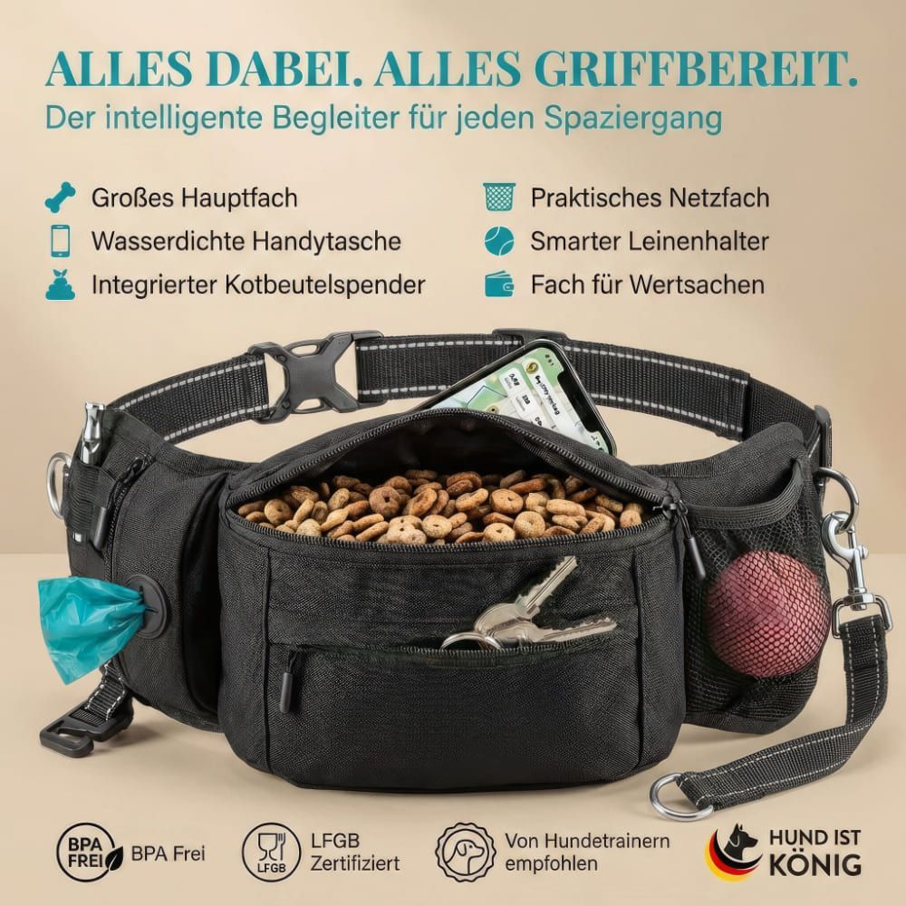 Schwarze Bauchtasche mit Futter, Schlüsseln, Handy, Ball und Kotbeutelspender. Mit LFGB-Zertifizierung und Empfehlung von Hundetrainern.
