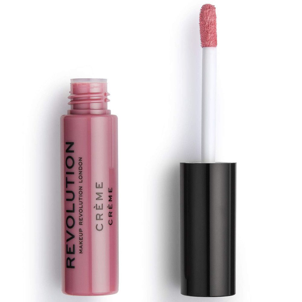 Lippenstift-Fläschchen, geöffnet, mit Applikator. Rosa Creme-Lippenstift. Schwarzer Deckel. Text: REVOLUTION, CRÈME.