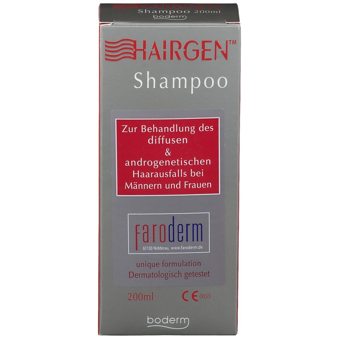 HAIRGEN Shampoo-Verpackung. Graue Schachtel mit rotem Rechteck und Text. Dermatologisch getestet. 200ml.