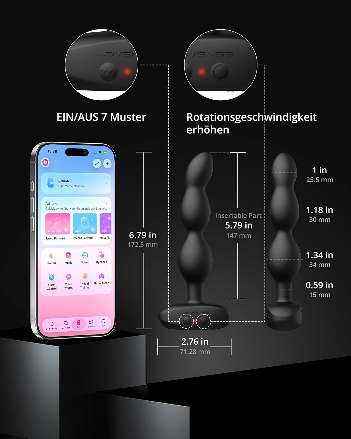 Schwarzes, gewelltes Vibrationsgerät mit Basis und Ladeanzeige.