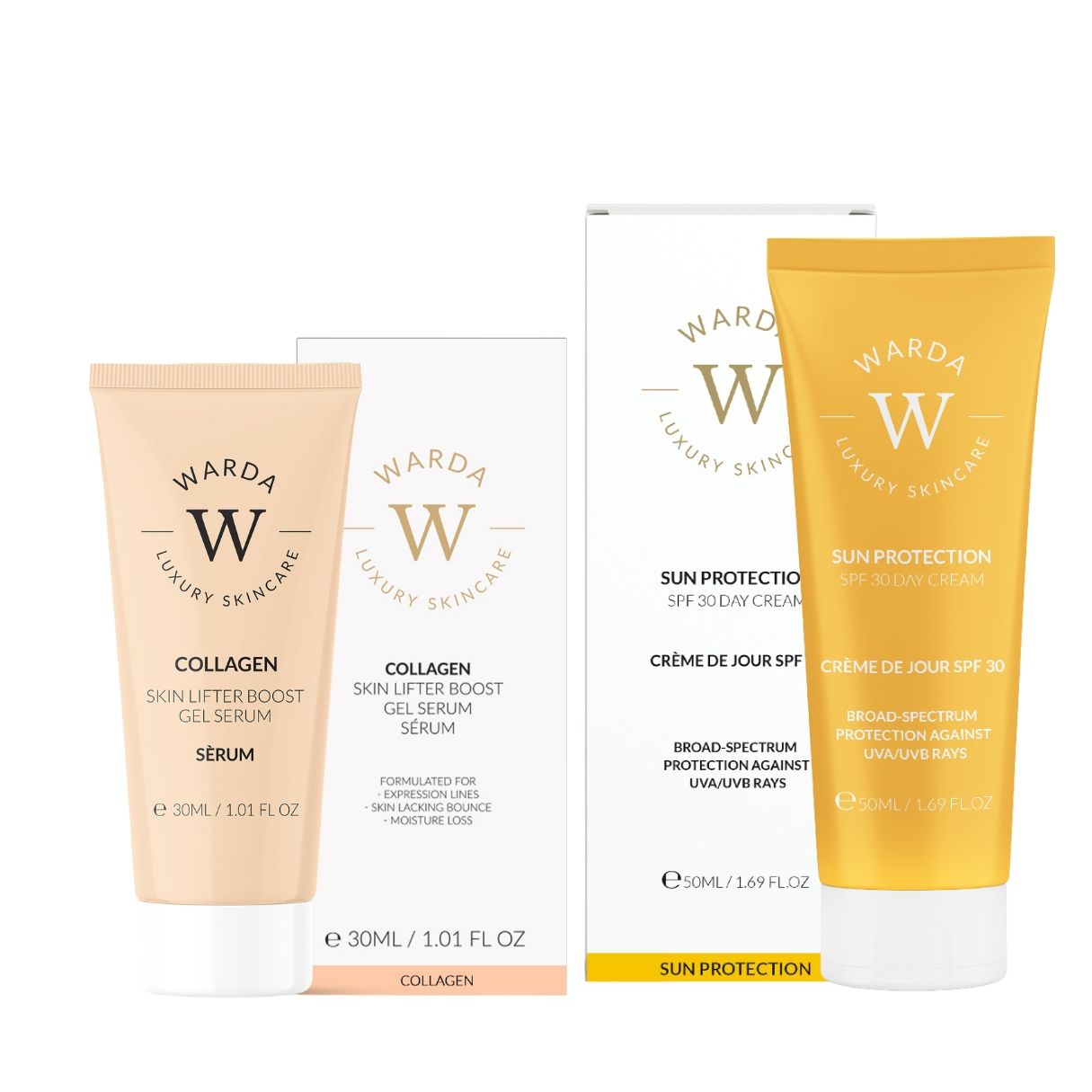 Warda Luxury Skincare Produkte: Kollagen-Serum, Tagescreme LSF 30. Tube, Verpackung. Beige, gelb. Text.