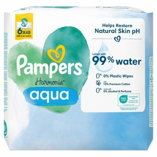 Packung Feuchttücher, 6x48 Stück. Marke Pampers Harmonie aqua. Mit 99% Wasser. 0% Plastik, 10% Premium Baumwolle, 0% Alkohol & Parfüm. Oeko-Tex.