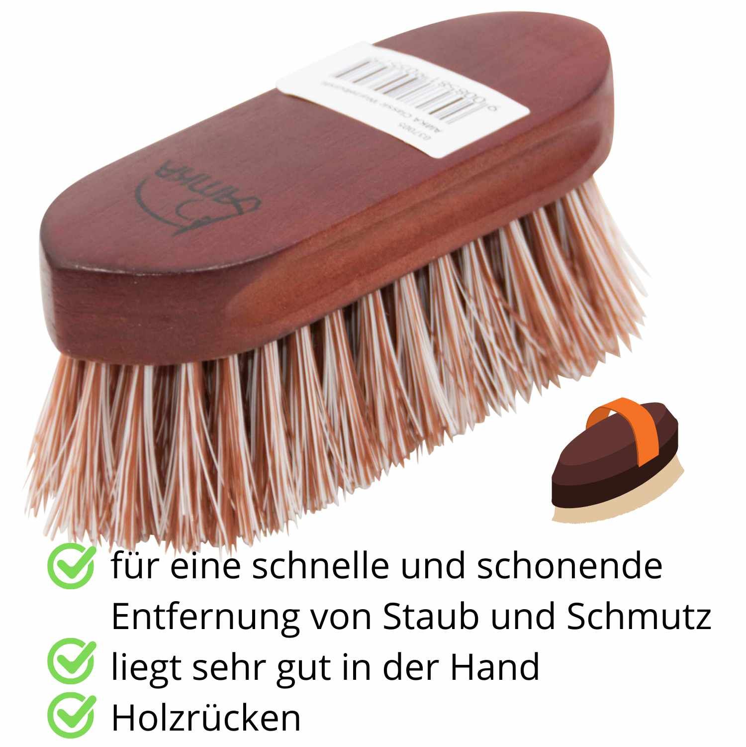 Wurzelbürste mit Holzgriff und hellen Borsten. Auf der Bürste befindet sich ein Etikett. Text: AMKA.