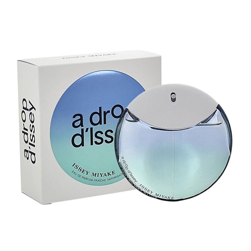 Flakon und Verpackung. Flakon rund, weißer Deckel, blaue Flüssigkeit. Verpackung mit Schriftzug: a drop d'Issey, ISSEY MIYAKE.