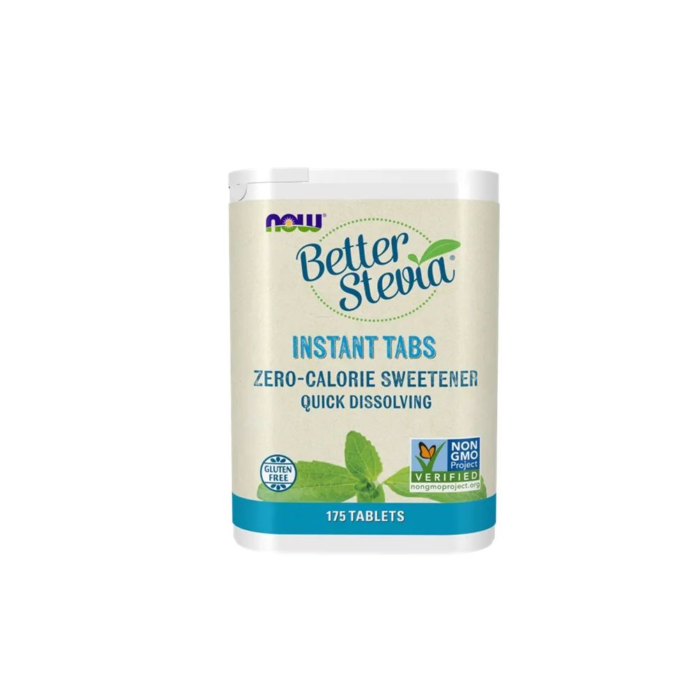 Behälter mit "Better Stevia Instant Tabs". Aufschrift: Zero-Calorie Sweetener, Quick Dissolving. Enthält 175 Tabletten. Glutenfrei und Non-GMO.