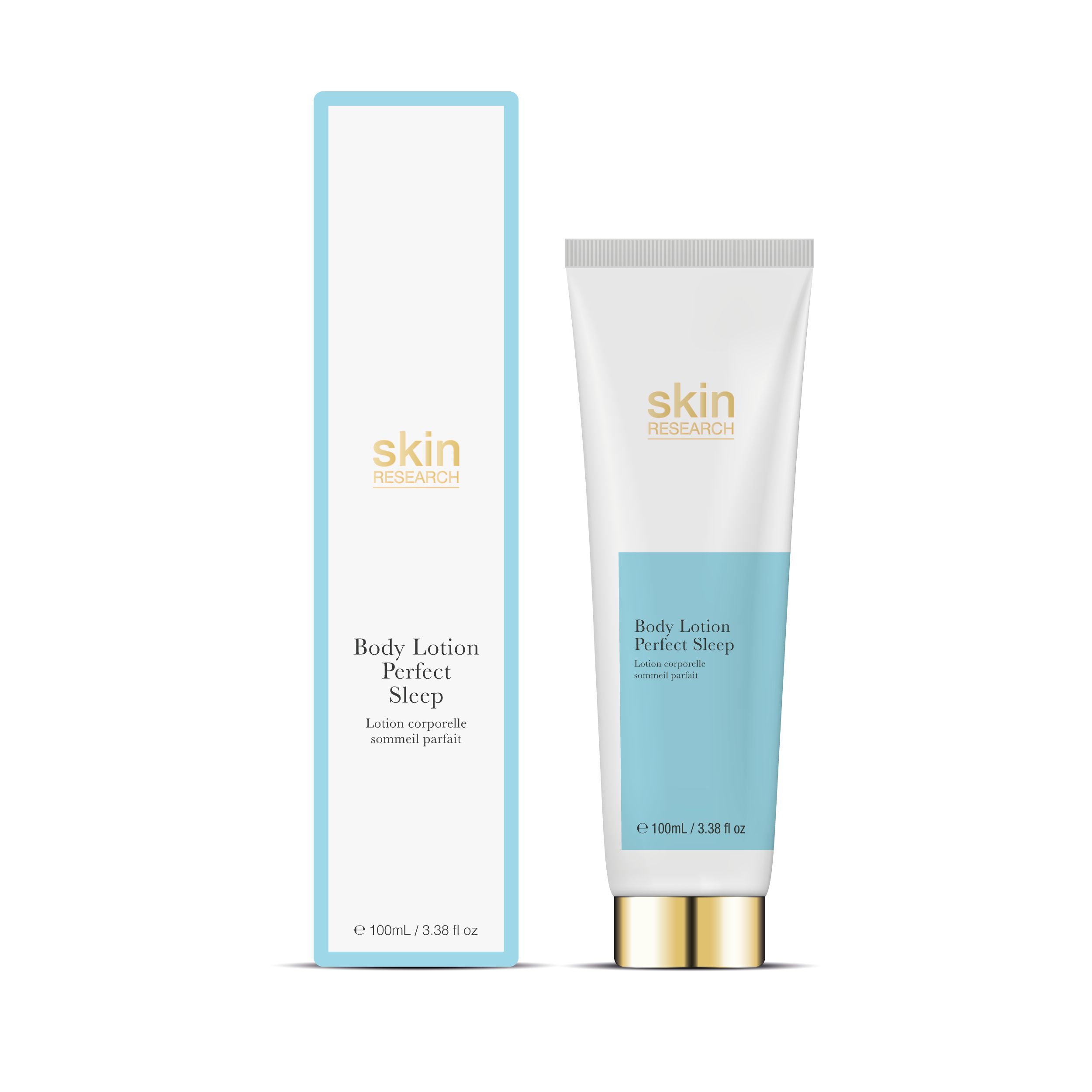 Weiße Tube und Schachtel mit Produktaufschrift. Auf der Tube steht "Body Lotion Perfect Sleep". Marke: skin RESEARCH. Blaue Akzente.