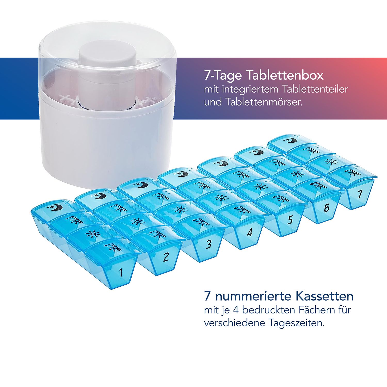 Tablettenbox mit 7 nummerierten, blauen Tageskassetten. Jede Kassette hat 4 Fächer. Der Deckel ist transparent.