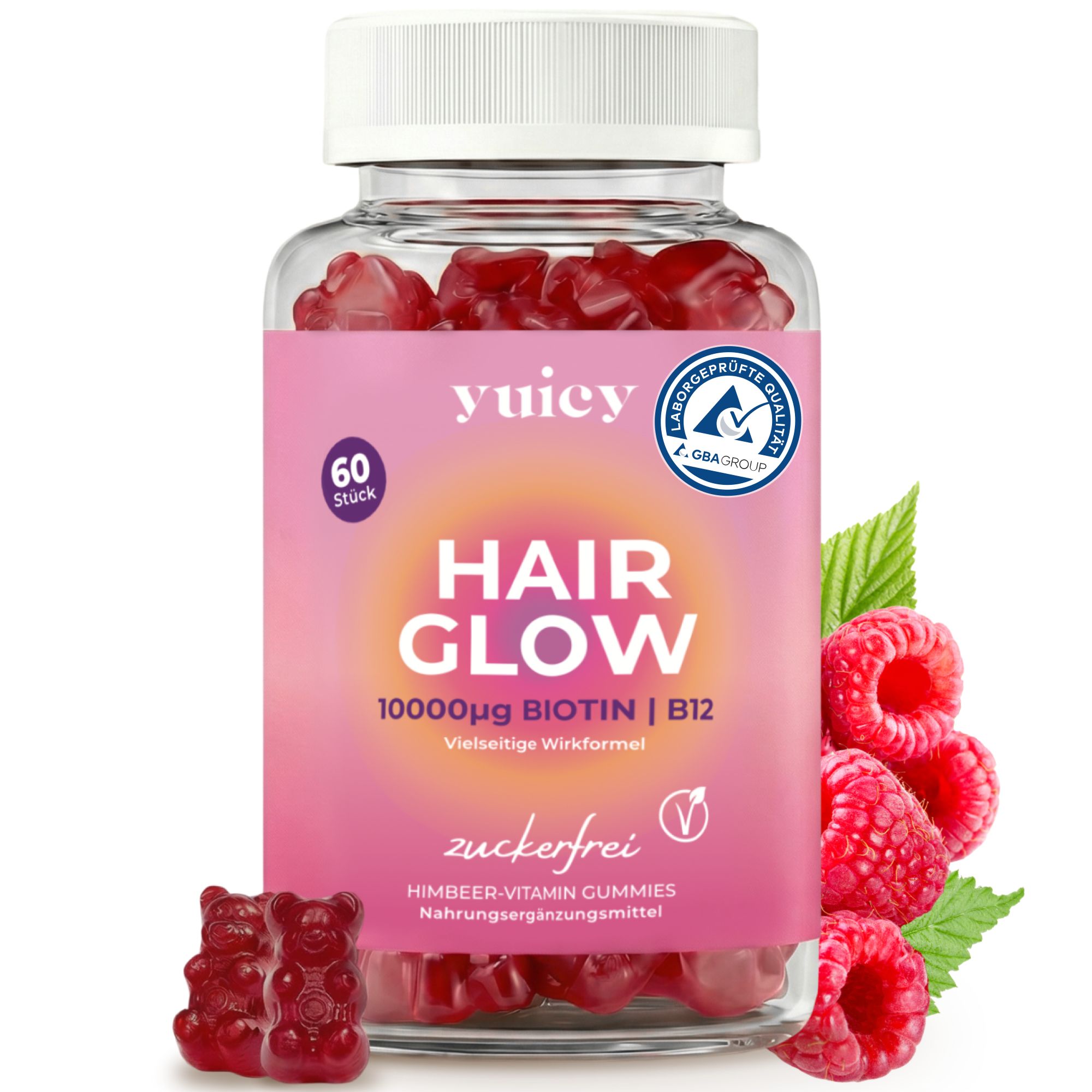 Glas mit Gummibärchen. Aufschrift: yuicy Hair Glow, 10000µg Biotin | B12, zuckerfrei. Himbeer-Vitamin Gummies. 60 Stück.