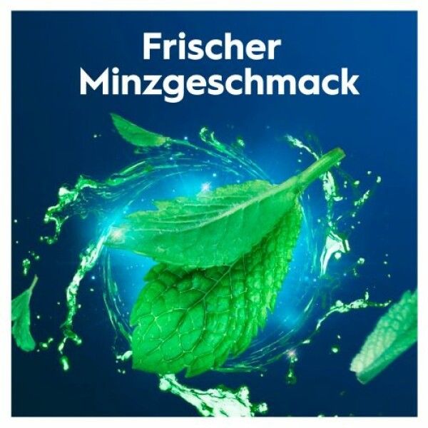 Blauer Hintergrund mit Minzblättern und Wasserspritzern. Text: Frischer Minzgeschmack.