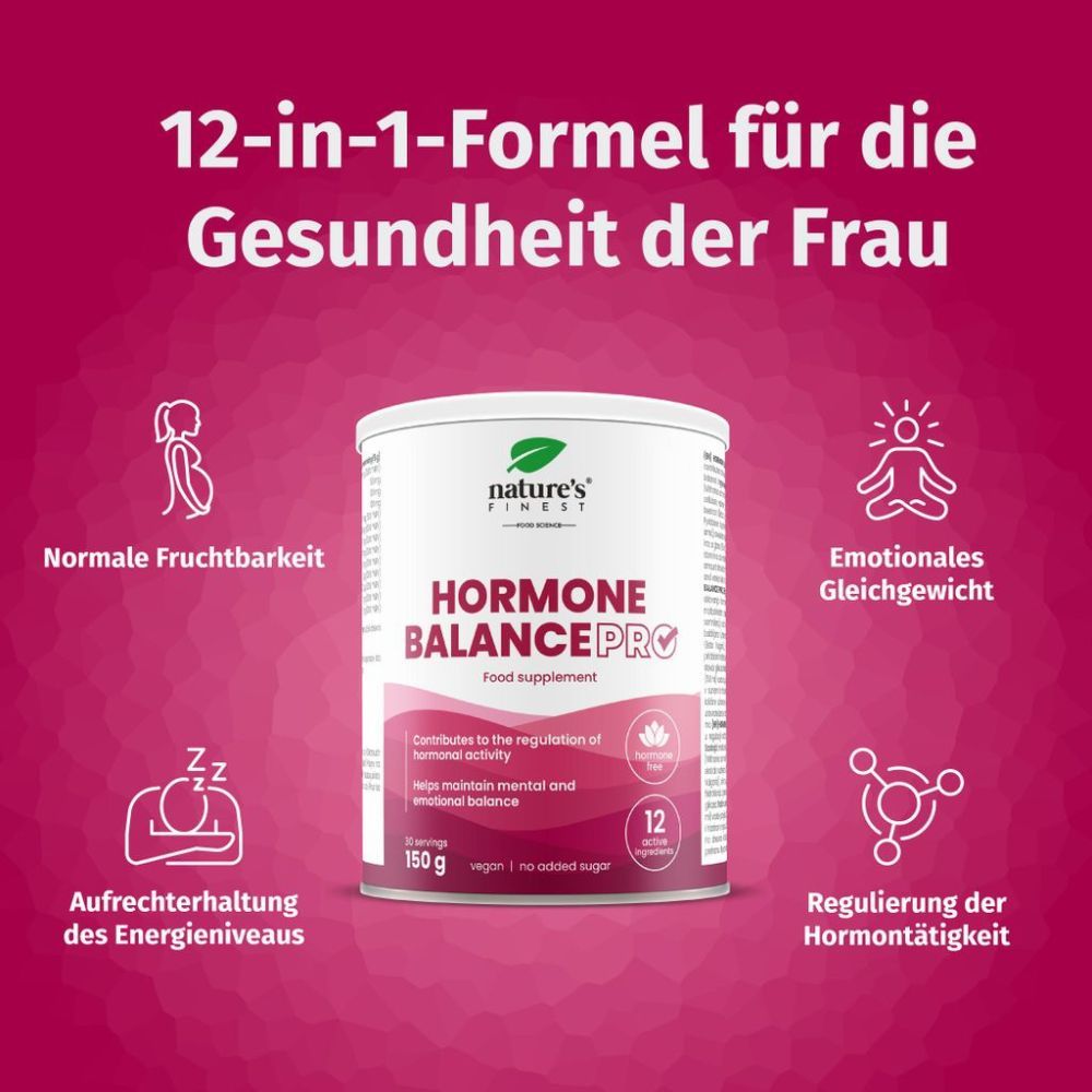 Rosa Dose "Nature's Finest Hormone Balance PRO" mit Icons und Text. 12-in-1-Formel für die Frau. 150g.